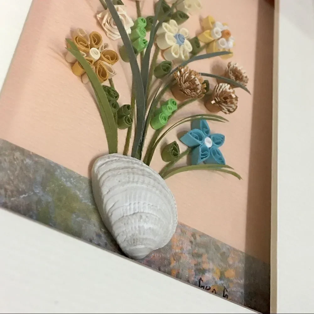 Quill Art Set Artist Signed Floral Shell Motif in Shadow Box - Picture 9 of 16